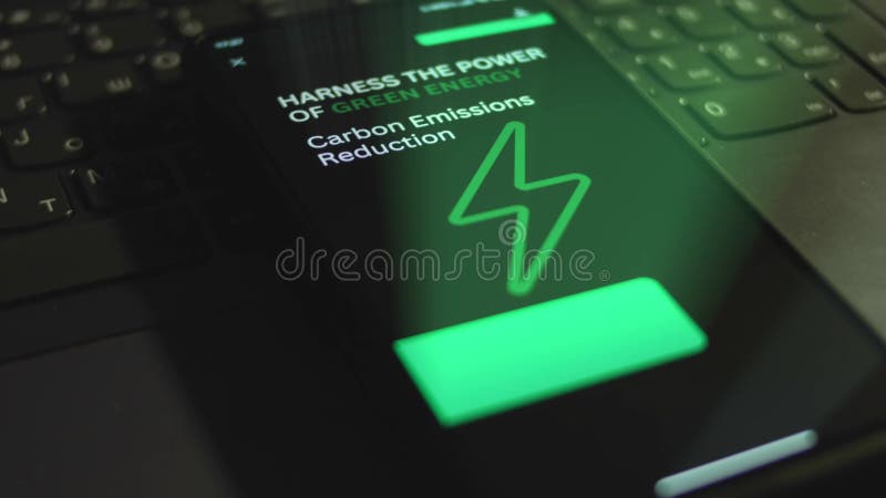 Harness the power of green energy. Carbon Emissions Reduction. Inscription on smartphone screen. Graphic presentation