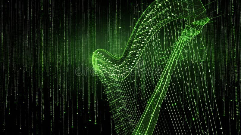 Harpă cu structură de fire digitală verde, cu cod binar continuu vector illustration