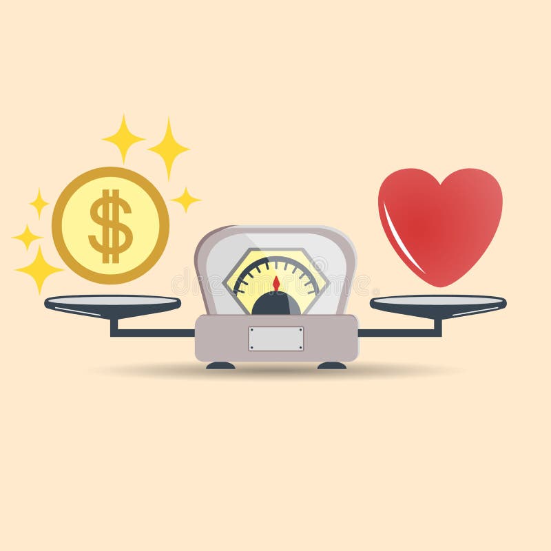 Hart en geld voor schalenpictogram Evenwicht van geld en liefde in schaal Conceptenkeus Schalen met liefde en geldmuntstukken Vec stock illustratie Hart en geld voor schalenpictogram Evenwicht van geld en liefde in schaal Conceptenkeus Schalen met liefde en geldmuntstukken Vec stock illustratie