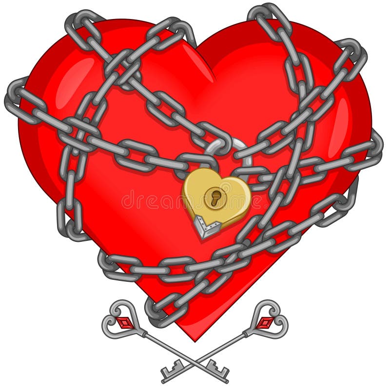 Vector design of a chained love heart, chained heart with padlock and keys. Vector design of a chained love heart, chained heart with padlock and keys
