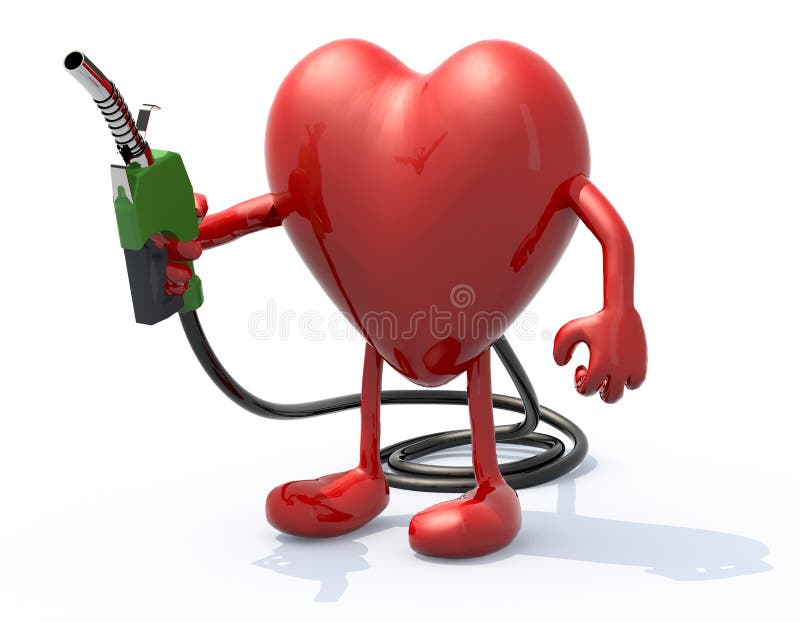 Heart with arms, legs and fuel pump in hand, 3d illustration. Heart with arms, legs and fuel pump in hand, 3d illustration