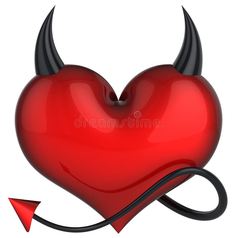 Red shiny heart shape with black horns and a tail. Temptation concept. This is a detailed 3D rendering. Isolated on white. Red shiny heart shape with black horns and a tail. Temptation concept. This is a detailed 3D rendering. Isolated on white