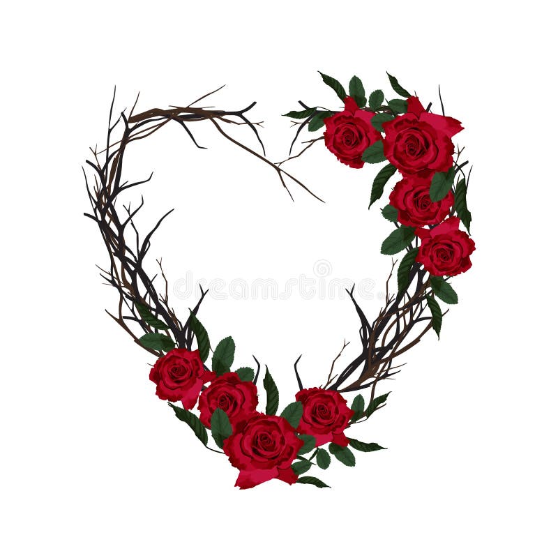 Hart van takjes wordt geweven dat Decoratief bloemenframe De mooie kaart van de valentijnskaartgroet met rode rozen royalty-vrije illustratie Hart van takjes wordt geweven dat Decoratief bloemenframe De mooie kaart van de valentijnskaartgroet met rode rozen royalty-vrije illustratie