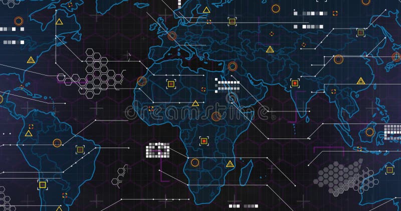 Harta mondială cu puncte de date și conexiuni de rețea pentru animarea securității informatice royalty free illustration
