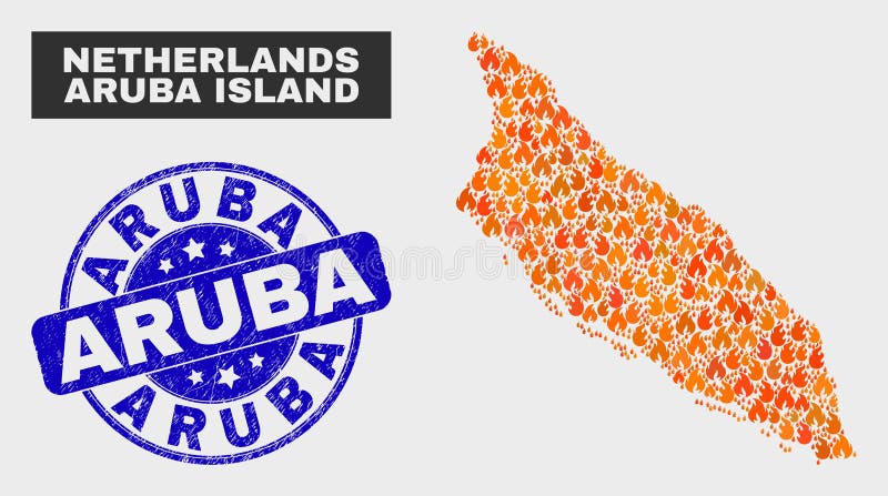 Harta mozaicului flăcării aruba și sigla aruba-ului Grunge vector illustration