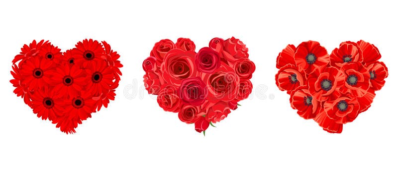 Vector hearts of red roses, gerbera and poppy flowers isolated on a white background. Vector hearts of red roses, gerbera and poppy flowers isolated on a white background.