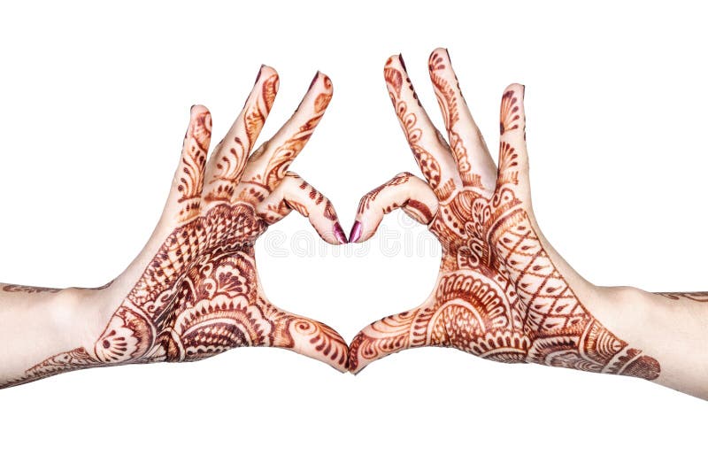 Woman hands with henna doing heart gesture isolated on white background with clipping path. Woman hands with henna doing heart gesture isolated on white background with clipping path