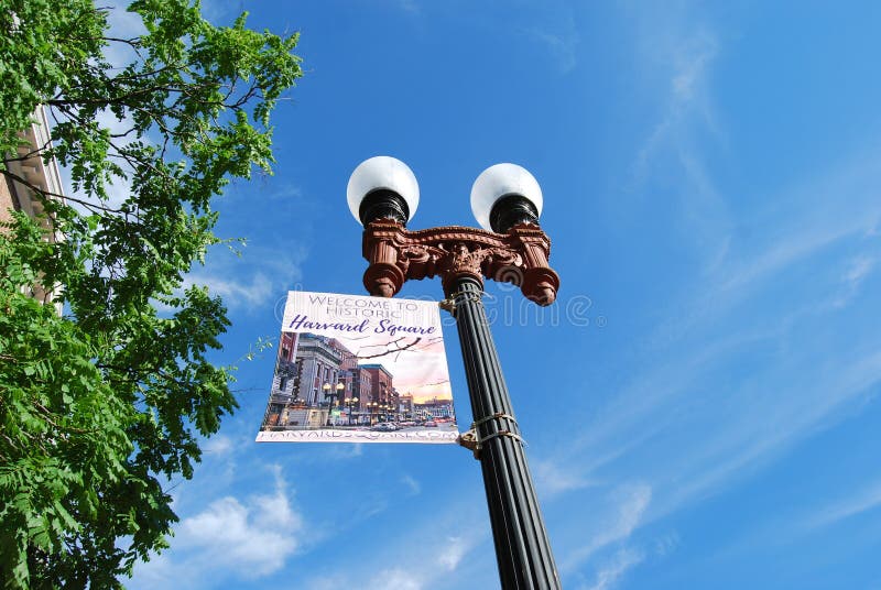 Harvard kwadrat lamppost harvard cambridge ma usa. Lamppost ze znakiem lecącym lsquo witamy w historycznym harvard squarersquo przeciwko jasnoniebieskiemu popołudniowemu niebu tuż przed podwórkiem Harvardu w cambridge massachusetts stany zjednoczone
