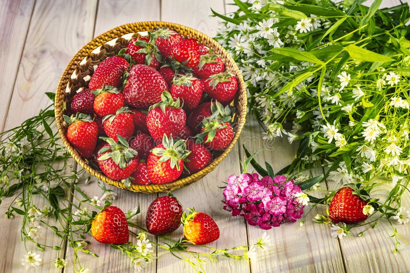 A harvest of ripe strawberries in a basket and a bouquet of wild flowers. Summer still life