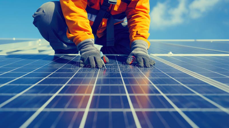 A solar power engineer meticulously installs solar panels stock illustration