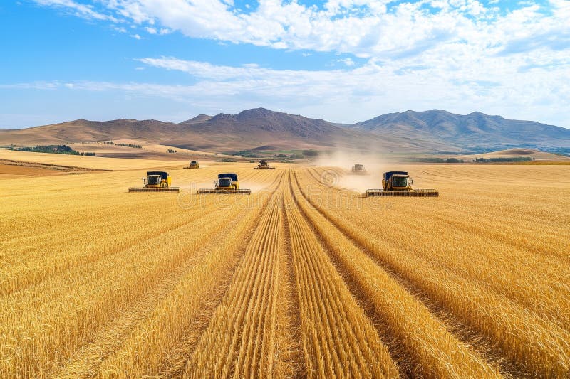 Harvesting wheat on a sunny day with multiple combines working in the fields. Large combines are actively harvesting golden wheat across expansive fields under a bright blue sky. The landscape features distant mountains, showcasing a productive farming environment. AI generated
