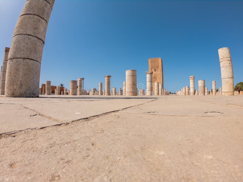Hassan Tower in Rabat, Morocco minaret of incomplete mosque with 348 columns around stock image Hassan Tower in Rabat, Morocco minaret of incomplete mosque with 348 columns around stock image
