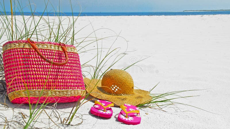 Hat, Bag, and Sandals on Beach Stock Photo - Image of seagrass, pretty ...