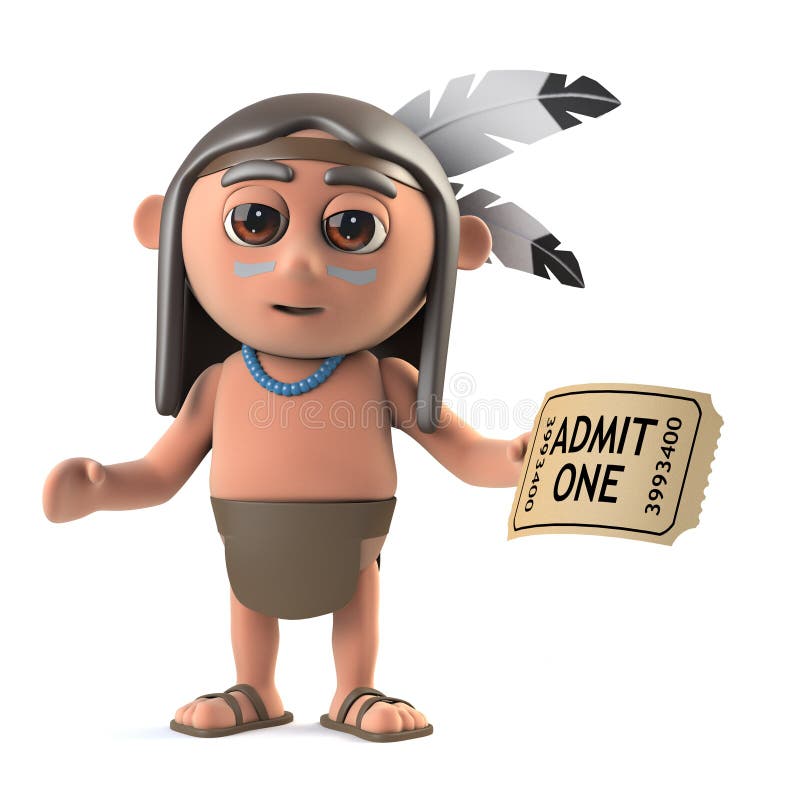 3d render of a funny cartoon Native American Indian character holding a ticket of admission to a show. 3d render of a funny cartoon Native American Indian character holding a ticket of admission to a show.