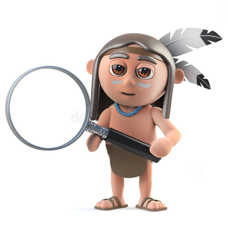 3d render of a funny cartoon Native American Indian character holding a magnifying glass. 3d render of a funny cartoon Native American Indian character holding a magnifying glass.