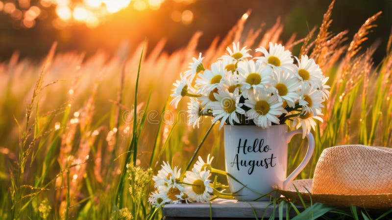 A hat and a Hello August cup of coffee sitting on top of some grass, AI stock photography
