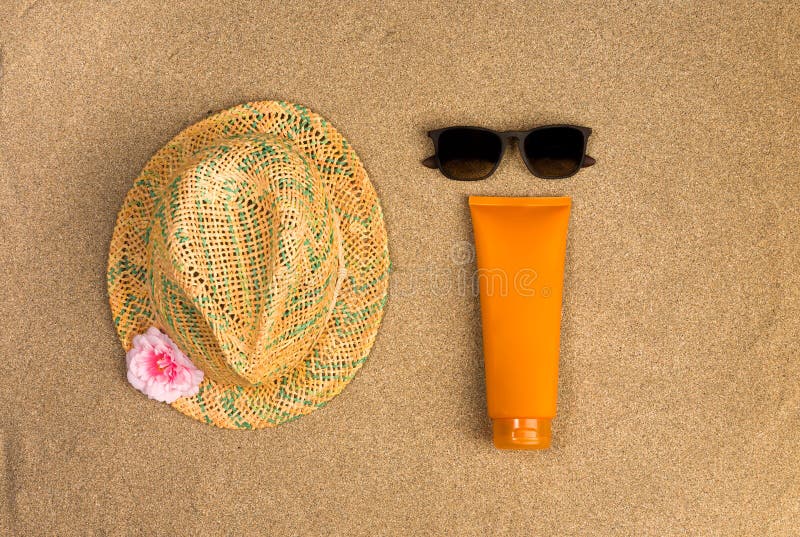 Hat, Sunscreen, Sunglasses On Sand Background Stock Photo - Image of ...