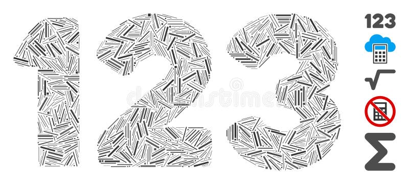 Hatch Collage Digits Icon. Dash Mosaic based on digits icon. Mosaic vector digits is designed with random dash dots. Bonus icons are added