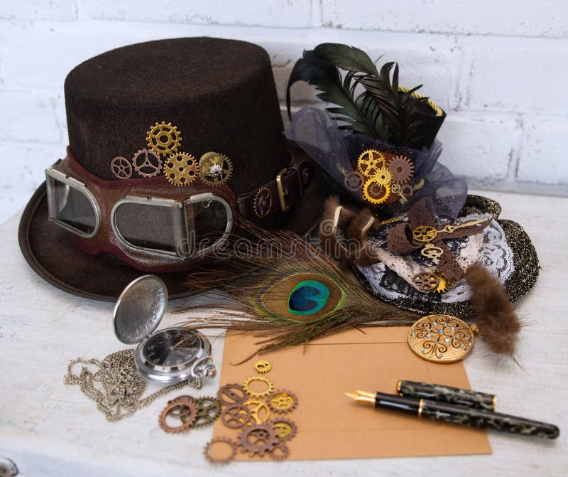 Hats Steampunk or Cyberpunk Glasses and Accessories for Women`s Clothing  and an Empty Card for the Inscription Lie on a Light Stock Image - Image of  feather, peacock: 156687325