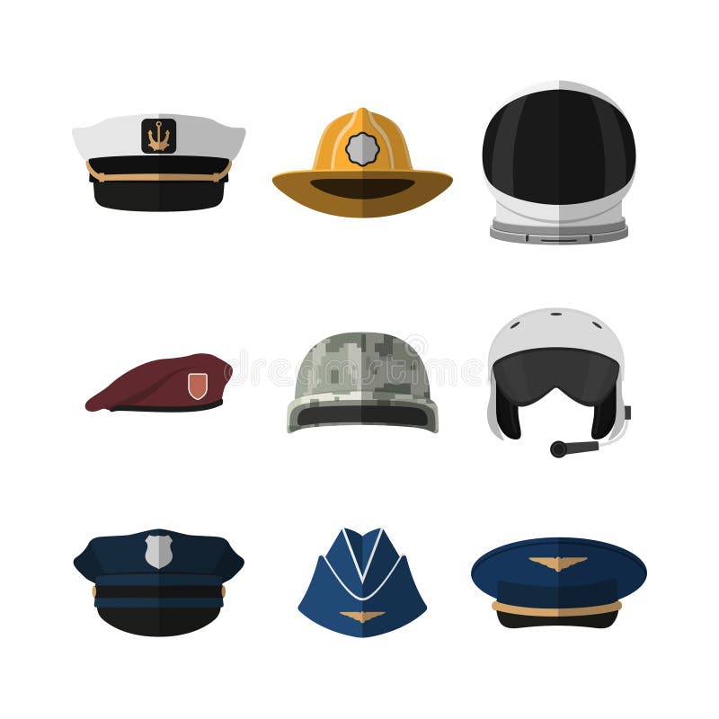 Hattar och hjälmar Huvudbonad av soldaten, flygaren, polisen och kaptenen Symbol av locket i plan stil royaltyfri illustrationer Hattar och hjälmar Huvudbonad av soldaten, flygaren, polisen och kaptenen Symbol av locket i plan stil royaltyfri illustrationer