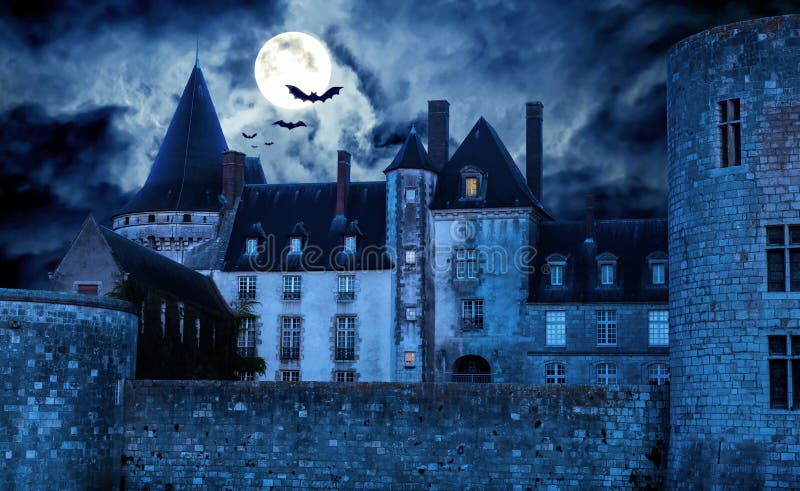 Haunted Gothic castle at night, old spooky house in full moon