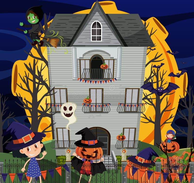 Haunted Halloween Mansion at Night Stock Illustration - Illustration of ...