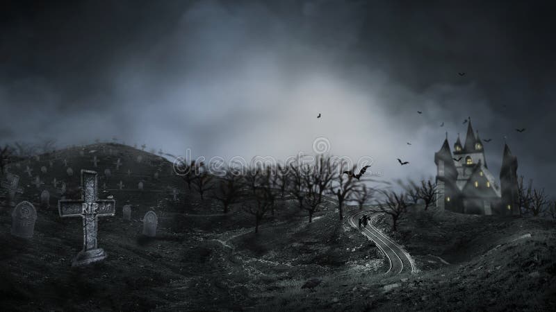 Haunted Hause with the Road ,dark Scary Cemetery Smoke Light Gray on a  Black Background Halloween Horror Concept Stock Image - Image of full,  autumn: 127863789