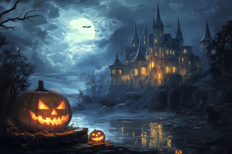 Haunted House on a Moonlit Halloween Night stock image