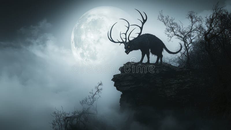 Jersey devil stands on cliff under full moon mysterious creature dramatic landscape nighttime viewpoint royalty free illustration