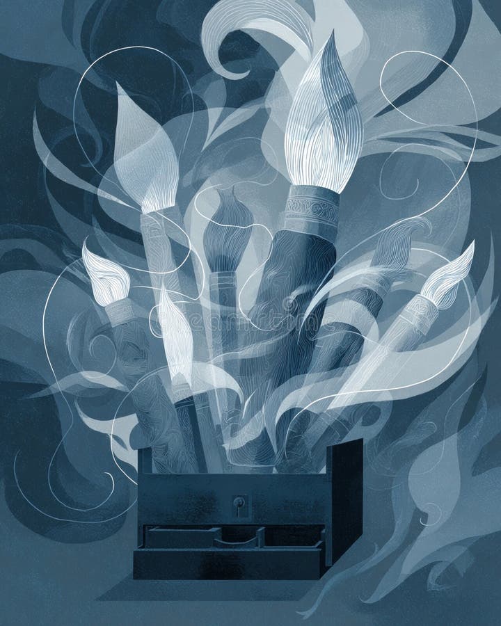 Haunting Tools of Creation This illustration portrays a stylized toolbox with ghostly semitransparent paintbrushes and stock photos