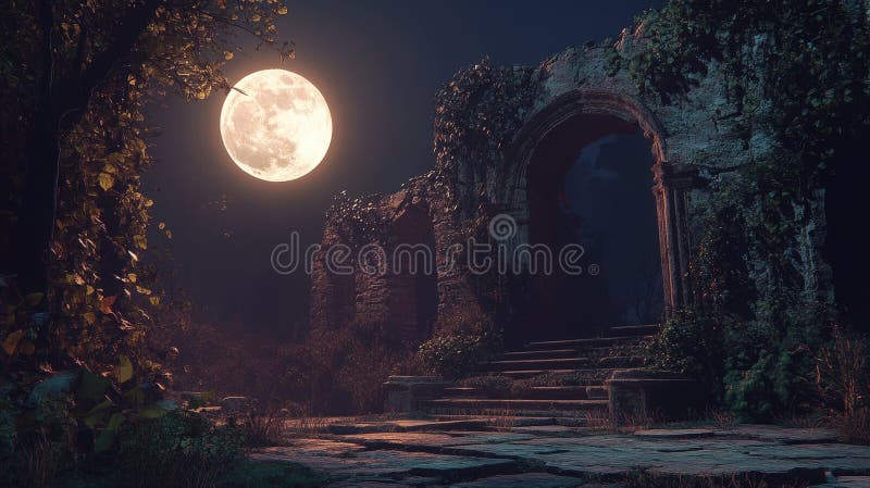 Moonlit ruins with lush vegetation in a mysterious night setting royalty free stock image