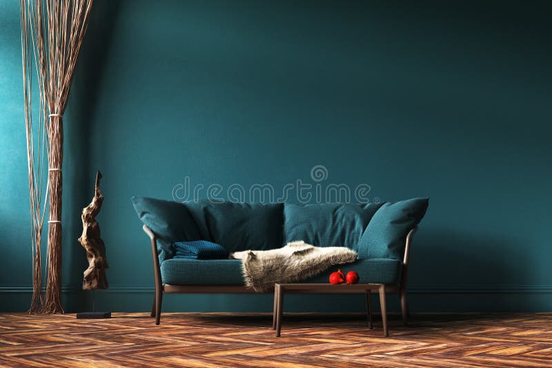 Hauptinnenmodell mit grünem Sofa, Seilvorhängen und Tabelle im Wohnzimmer