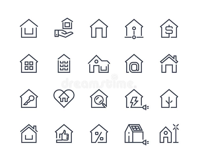 Hauptlinie Symbole. Immobilien- und Hochbausymbole Hausschnittstellenknopfbrowserhomepage-Piktogramms vektor abbildung