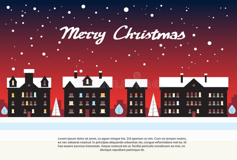 Haus-Dorf-neues Jahr-Nachtrote frohe Weihnachten stock abbildung Haus-Dorf-neues Jahr-Nachtrote frohe Weihnachten stock abbildung