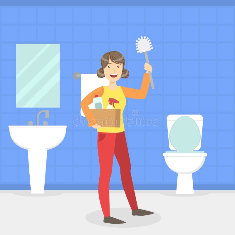 Mann-Reinigungs-Badezimmer-Toilette Windows Und Spiegel Clipart Vektor