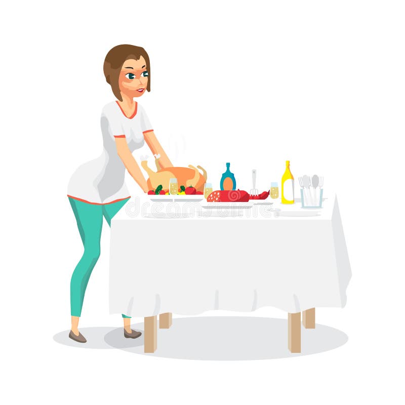 Hausfrau der jungen Frau stellt ein festliches Abendessen auf dem Tisch ein Der Gi lizenzfreie abbildung Hausfrau der jungen Frau stellt ein festliches Abendessen auf dem Tisch ein Der Gi lizenzfreie abbildung