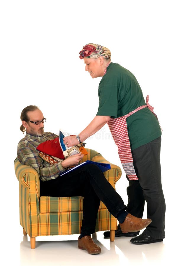 Hausfrau benutzt ihre Ehemann auf der Arbeit Hausfrau benutzt ihre Ehemann auf der Arbeit