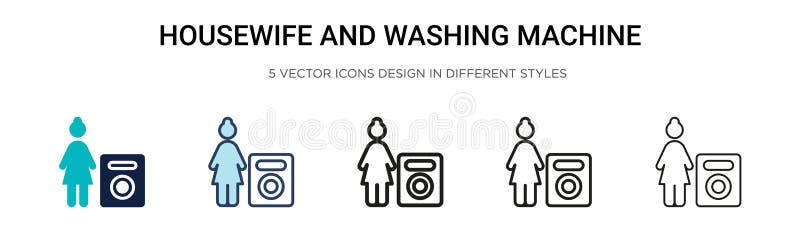Hausfrau- und Waschmaschinenikone in gefüllter Thin Linie Design und Anschlagart. Vektorillustration von zwei gefärbt und schwarz vektor abbildung