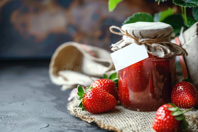 Hausgemachte Erdbeermarmelade in einem Glas mit rustikalem Einbruch steht inmitten frischer Erdbeeren bereit, köstliche Süße zu verbreiten ai generiert