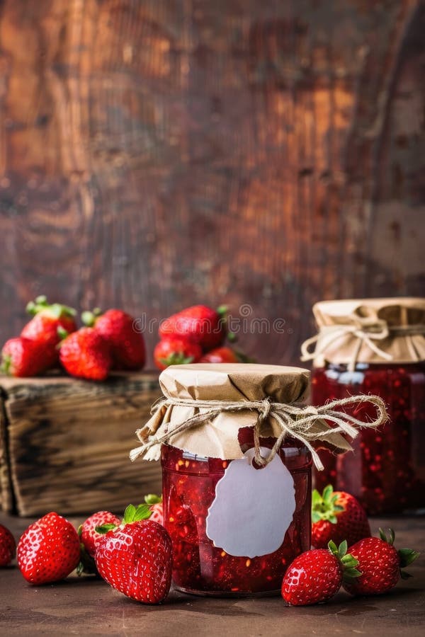 Hausgemachte Erdbeermarmelade in einem Glas mit rustikalem Einbruch stockfoto