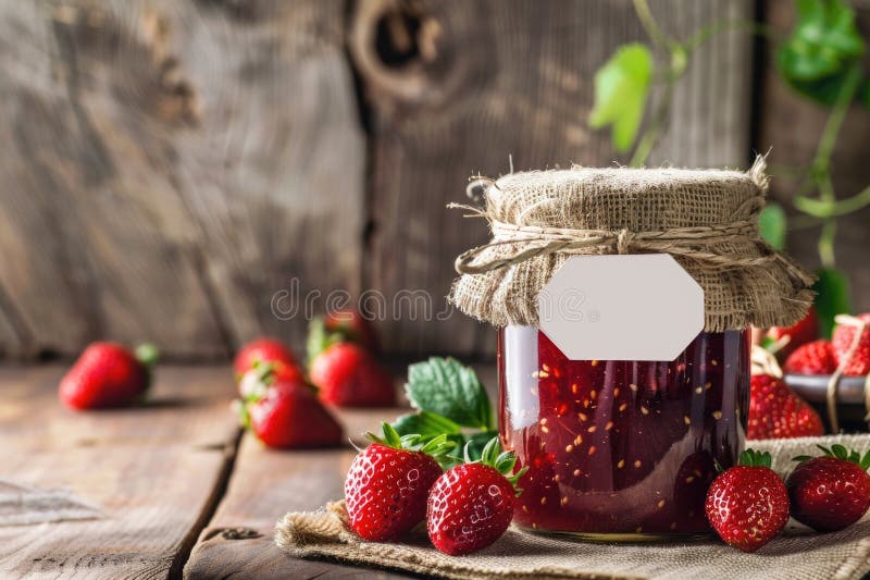 Hausgemachte Erdbeermarmelade in einem Glas mit rustikalem Einbruch lizenzfreie stockfotos