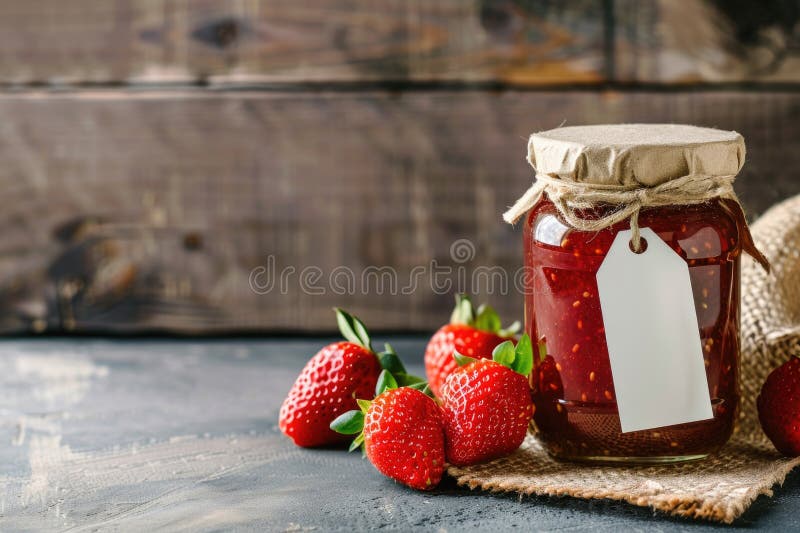 Hausgemachte Erdbeermarmelade in einem Glas mit rustikalem Einbruch stockbild