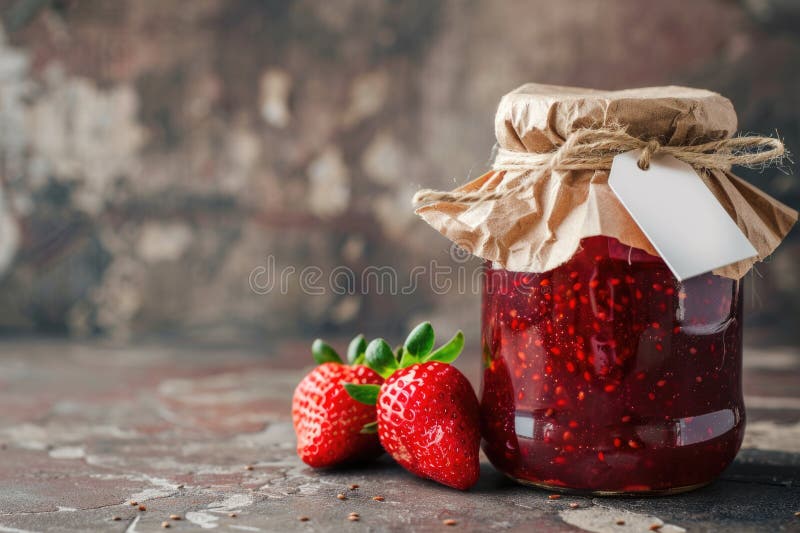 Hausgemachte Erdbeermarmelade in einem Glas mit rustikalem Einbruch lizenzfreie stockfotografie