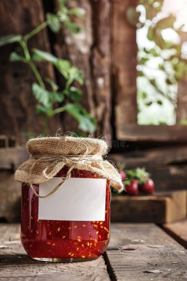 Hausgemachte Erdbeermarmelade in einem Glas mit rustikalem Einbruch stockfotografie