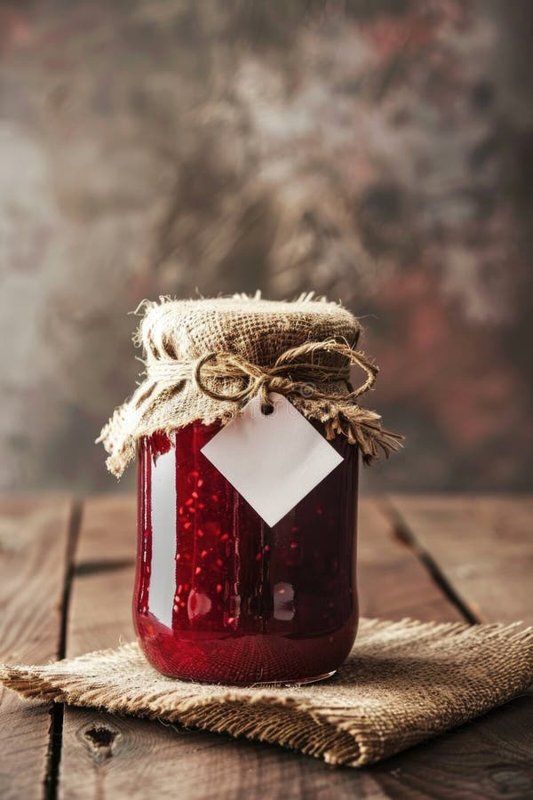 Hausgemachte Erdbeermarmelade in einem Glas mit rustikalem Einbruch stockfotos