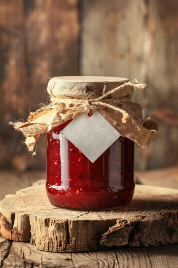 Hausgemachte Erdbeermarmelade in einem Glas mit rustikalem Einbruch stockbild