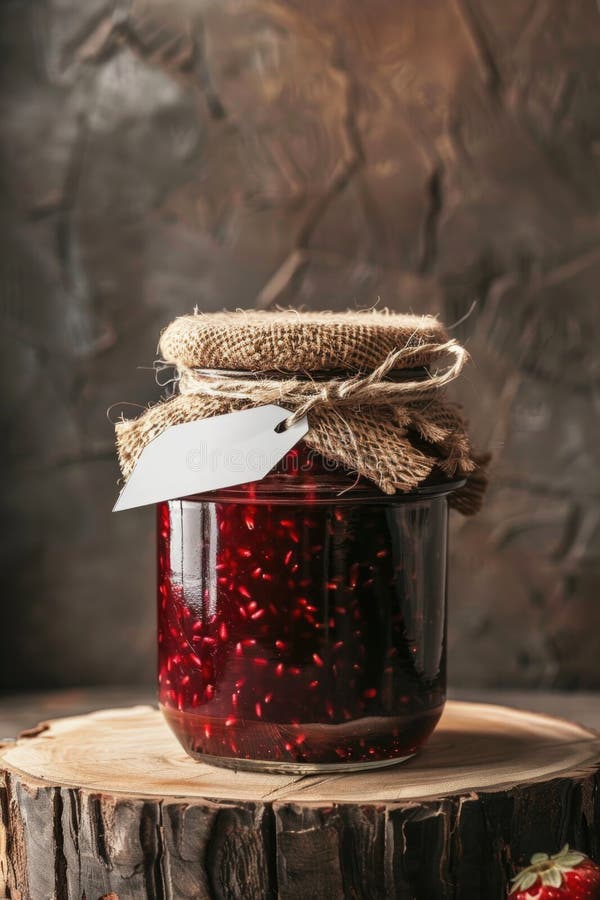 Hausgemachte Erdbeermarmelade in einem Glas mit rustikalem Einbruch lizenzfreie stockfotografie