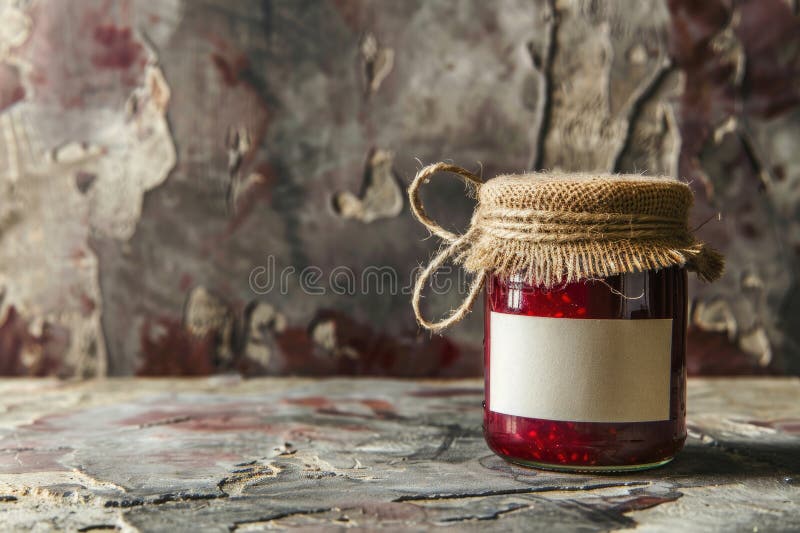 Hausgemachte Erdbeermarmelade in einem Glas mit rustikalem Einbruch stockfotos