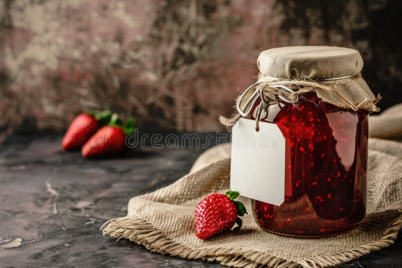Hausgemachte Erdbeermarmelade in einem Glas mit rustikalem Einbruch lizenzfreie abbildung