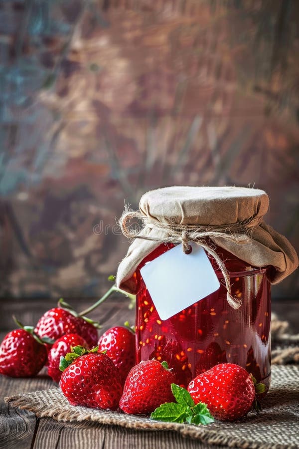 Hausgemachte Erdbeermarmelade in einem Glas mit rustikalem Einbruch stockfotografie
